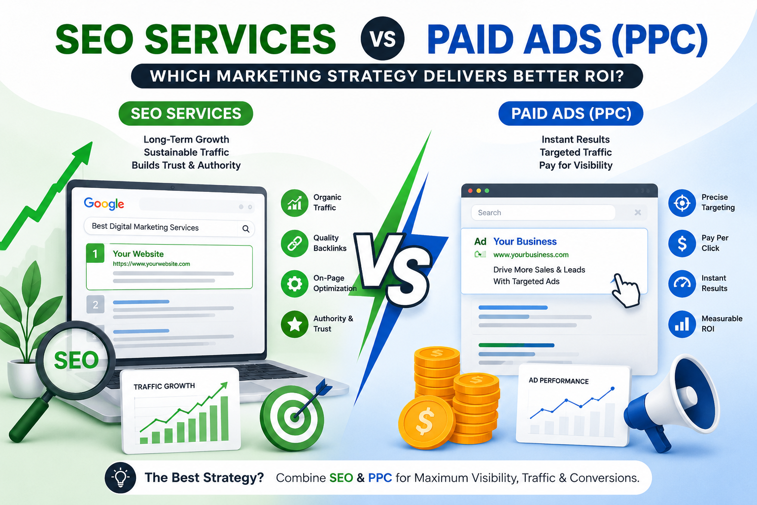 SEO Services vs Paid Ads comparison illustration